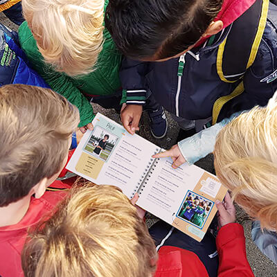 een groep kinderen kijkt en wijst in een vriendenboekje voor groep 8