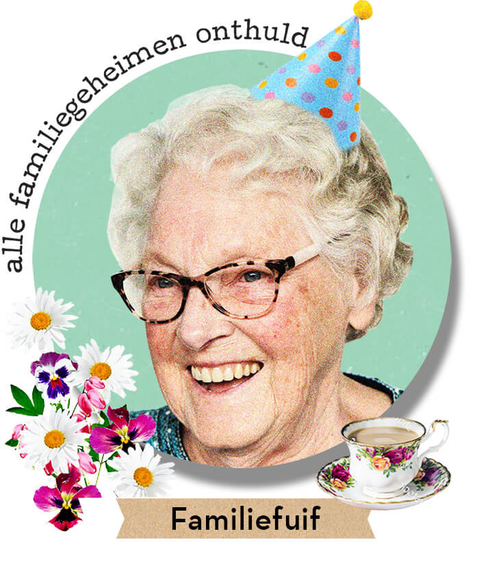 oma is jarig met bloemen, feesthoed en koffie